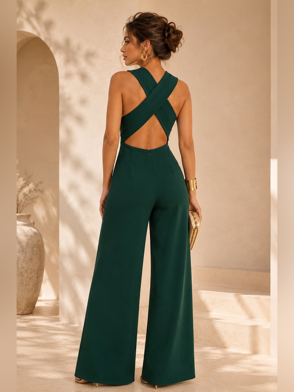 Lulus Editorial Emerald Green Open Back Wide Leg Jumpsuit Criss Cross Sz XS